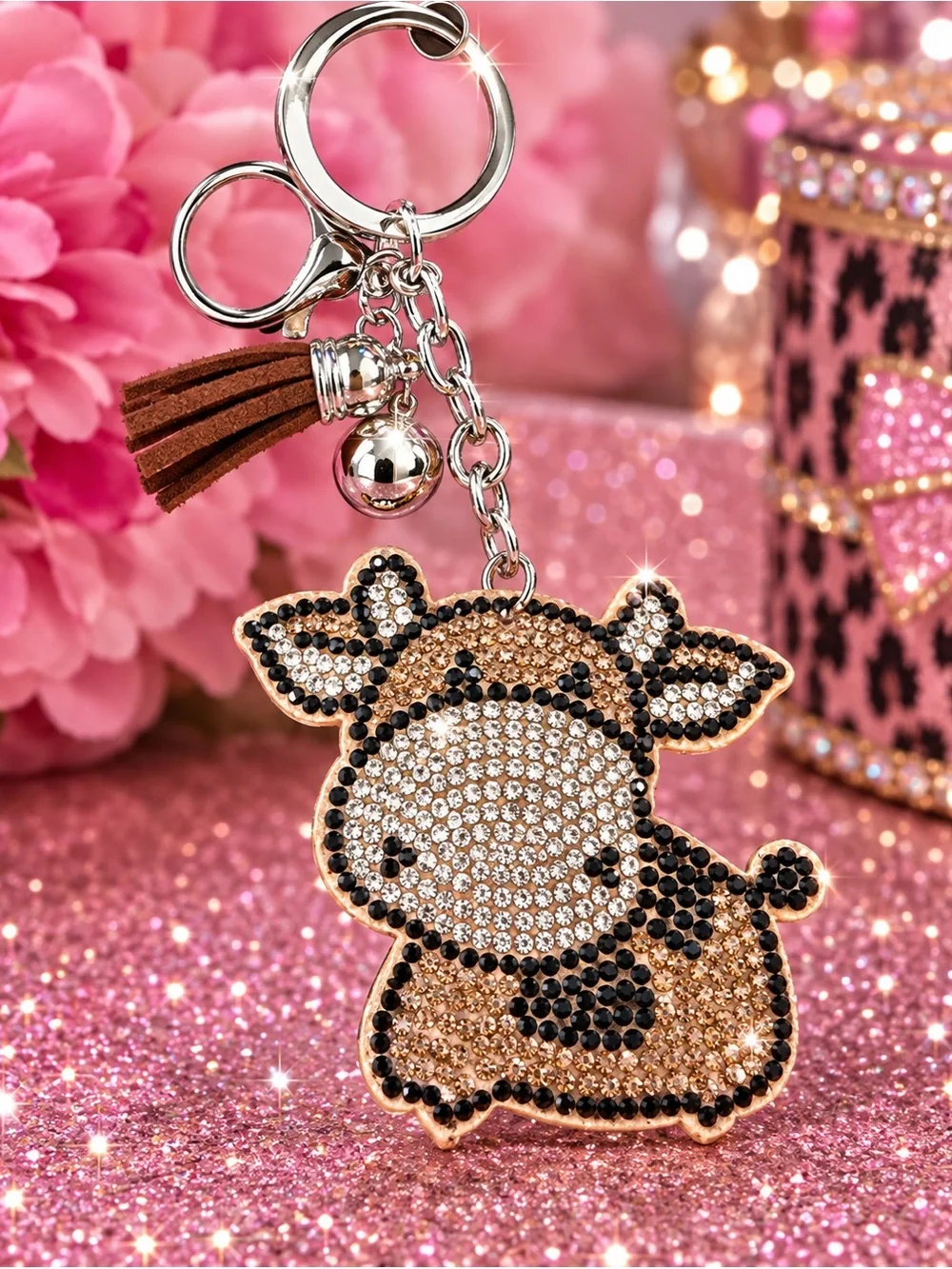 Rhinestone Cow Keychain Charm - Pink and Gold